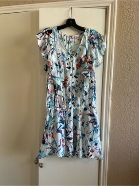 Parker Cream Dress with Blue and Teal Floral Print